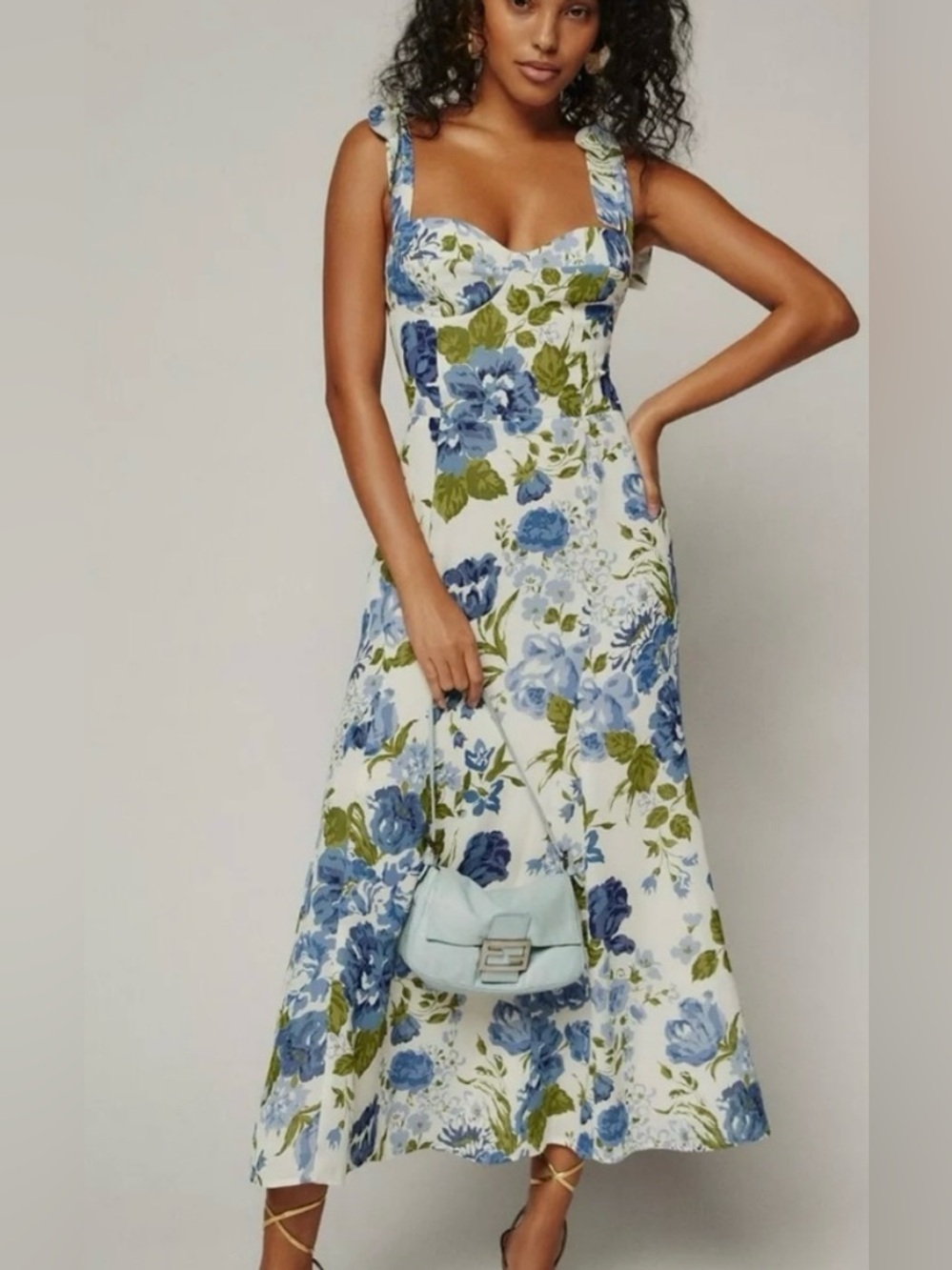 Reformation Blue & Olive Floral Tie-Shoulder Midi Dress